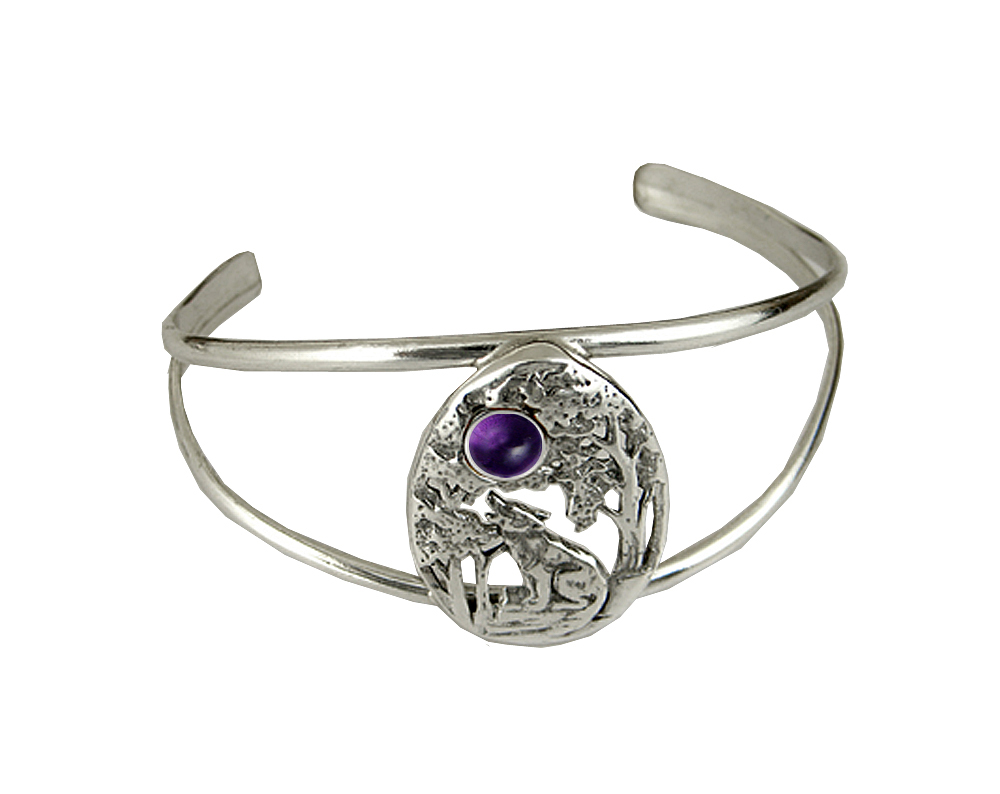 Sterling Silver Howling Wolf Cuff Bracelet With Amethyst